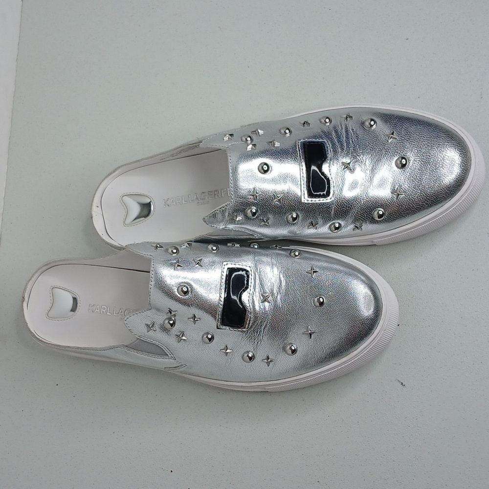 Karl Lagerfeld- Paris - Eisley - Silver Leather & Stud Slip-On Sneakers - 8.5M - Picture 2 of 12